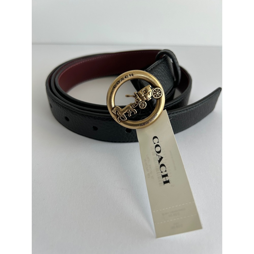 Coach Horse and Carriage Buckle Belt Pebbled Leather Black Oxblood F78181 XL - Picture 2 of 5